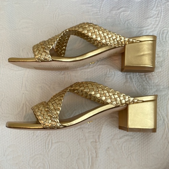 NWT Stuart Weitzman Gold Rosie Woven Block Heel Side Sandals size 8 - Picture 8 of 16